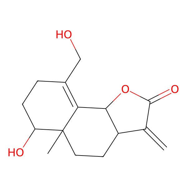 2D Structure of 6-hydroxy-9-(hydroxymethyl)-5a-methyl-3-methylidene-4,5,6,7,8,9b-hexahydro-3aH-benzo[g][1]benzofuran-2-one