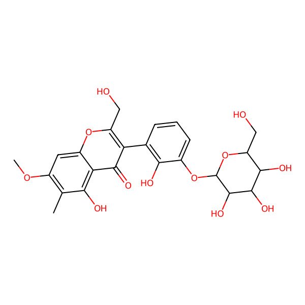 2D Structure of 5-hydroxy-2-(hydroxymethyl)-3-[2-hydroxy-3-[(2S,3R,4S,5S,6R)-3,4,5-trihydroxy-6-(hydroxymethyl)oxan-2-yl]oxyphenyl]-7-methoxy-6-methylchromen-4-one