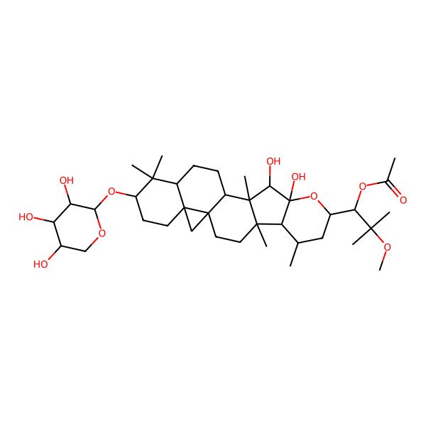2D Structure of [(1S)-1-[(1S,4R,5R,6R,8R,10R,11R,12S,13R,16R,18S,21R)-10,11-dihydroxy-4,6,12,17,17-pentamethyl-18-[(2S,3R,4S,5R)-3,4,5-trihydroxyoxan-2-yl]oxy-9-oxahexacyclo[11.9.0.01,21.04,12.05,10.016,21]docosan-8-yl]-2-methoxy-2-methylpropyl] acetate