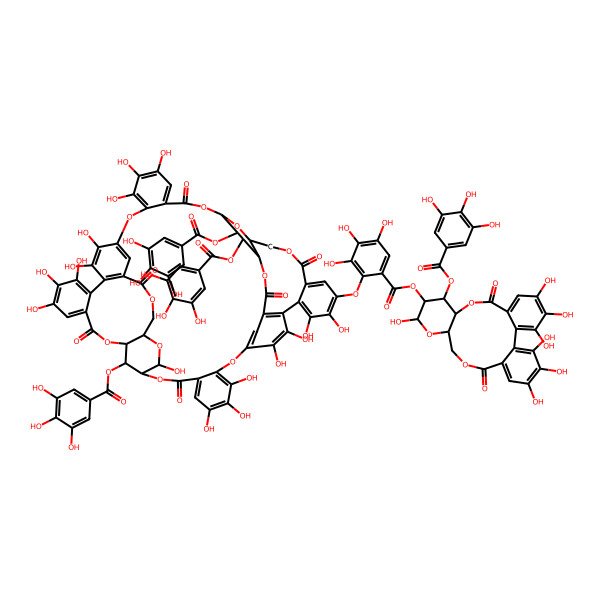 2D Structure of [3,4,5,13,21,22,23-Heptahydroxy-8,18-dioxo-11-(3,4,5-trihydroxybenzoyl)oxy-9,14,17-trioxatetracyclo[17.4.0.02,7.010,15]tricosa-1(23),2,4,6,19,21-hexaen-12-yl] 2-[[4,5,6,22,23,26,27,31,32,33,39,47,48,49,52,53-hexadecahydroxy-9,18,36,44,56,62-hexaoxo-12,13,59-tris[(3,4,5-trihydroxybenzoyl)oxy]-2,10,17,29,37,40,43,57,63,64-decaoxaundecacyclo[39.12.5.414,28.111,15.138,42.03,8.019,24.030,35.045,50.051,55.025,61]tetrahexaconta-1(53),3,5,7,19,21,23,25,27,30,32,34,45,47,49,51,54,60-octadecaen-21-yl]oxy]-3,4,5-trihydroxybenzoate