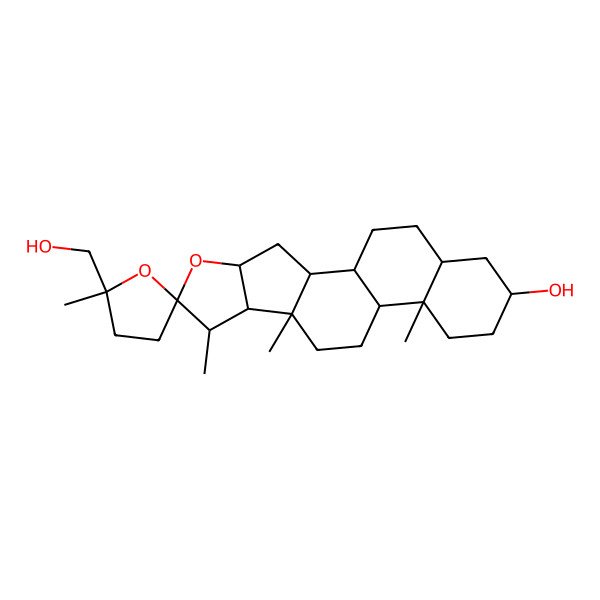 2D Structure of 5'-(Hydroxymethyl)-5',7,9,13-tetramethylspiro[5-oxapentacyclo[10.8.0.02,9.04,8.013,18]icosane-6,2'-oxolane]-16-ol