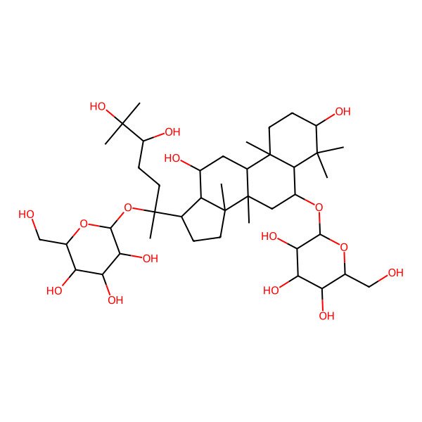 2D Structure of (2R,3R,4S,5R,6R)-2-[[(3S,5R,6S,8R,9R,10R,12R,13R,14R,17S)-17-[(2S,5S)-5,6-dihydroxy-6-methyl-2-[(2S,3R,4S,5R,6R)-3,4,5-trihydroxy-6-(hydroxymethyl)oxan-2-yl]oxyheptan-2-yl]-3,12-dihydroxy-4,4,8,10,14-pentamethyl-2,3,5,6,7,9,11,12,13,15,16,17-dodecahydro-1H-cyclopenta[a]phenanthren-6-yl]oxy]-6-(hydroxymethyl)oxane-3,4,5-triol