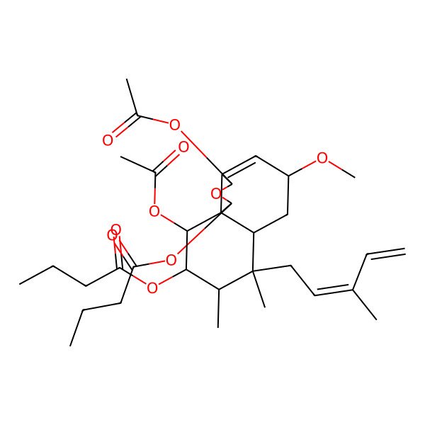 2D Structure of [(1R,3R,5R,6aS,7S,8S,9R,10R,10aS)-3,10-diacetyloxy-1-butanoyloxy-5-methoxy-7,8-dimethyl-7-[(2Z)-3-methylpenta-2,4-dienyl]-1,3,5,6,6a,8,9,10-octahydrobenzo[d][2]benzofuran-9-yl] butanoate