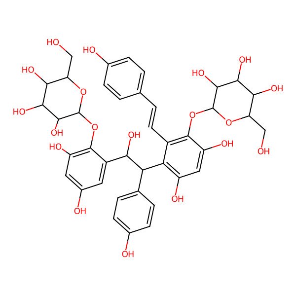 2D Structure of (2S,3R,4S,5S,6R)-2-[2-[(1R,2S)-2-[4,6-dihydroxy-2-[(E)-2-(4-hydroxyphenyl)ethenyl]-3-[(2S,3R,4S,5S,6R)-3,4,5-trihydroxy-6-(hydroxymethyl)oxan-2-yl]oxyphenyl]-1-hydroxy-2-(4-hydroxyphenyl)ethyl]-4,6-dihydroxyphenoxy]-6-(hydroxymethyl)oxane-3,4,5-triol