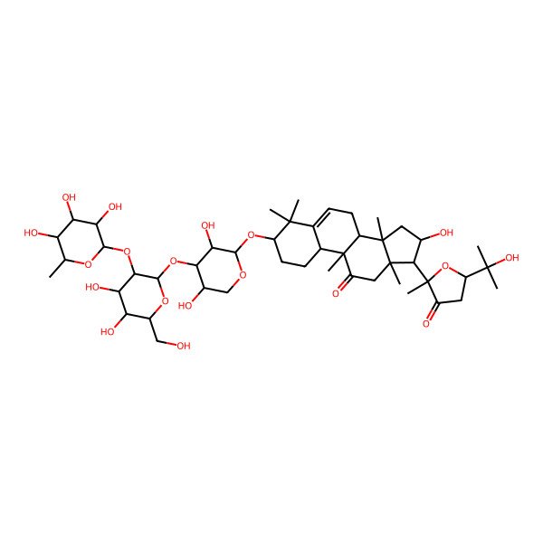 2D Structure of (2R)-2-[(3R,8S,9R,10S,13R,14S,16R,17R)-3-[(2S,3R,4S,5R)-4-[(2S,3R,4S,5S,6R)-4,5-dihydroxy-6-(hydroxymethyl)-3-[(2S,3R,4R,5R,6S)-3,4,5-trihydroxy-6-methyloxan-2-yl]oxyoxan-2-yl]oxy-3,5-dihydroxyoxan-2-yl]oxy-16-hydroxy-4,4,9,13,14-pentamethyl-11-oxo-1,2,3,7,8,10,12,15,16,17-decahydrocyclopenta[a]phenanthren-17-yl]-5-(2-hydroxypropan-2-yl)-2-methyloxolan-3-one