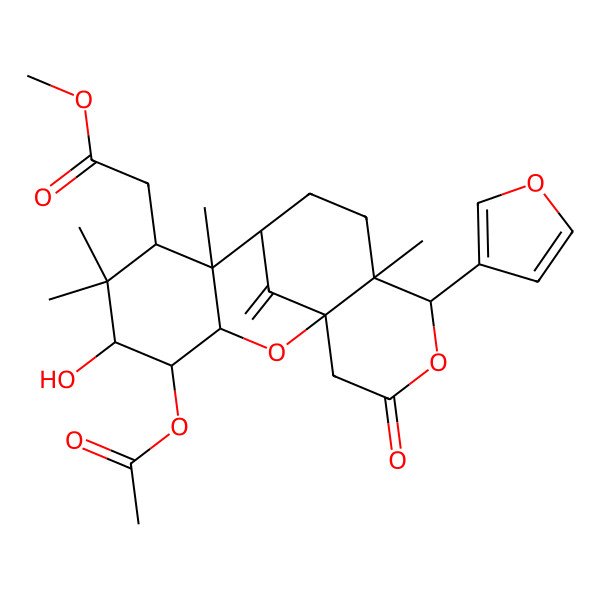 2D Structure of methyl 2-[(1S,3R,4S,5S,7S,8S,9R,12S,13S)-4-acetyloxy-13-(furan-3-yl)-5-hydroxy-6,6,8,12-tetramethyl-17-methylidene-15-oxo-2,14-dioxatetracyclo[7.7.1.01,12.03,8]heptadecan-7-yl]acetate