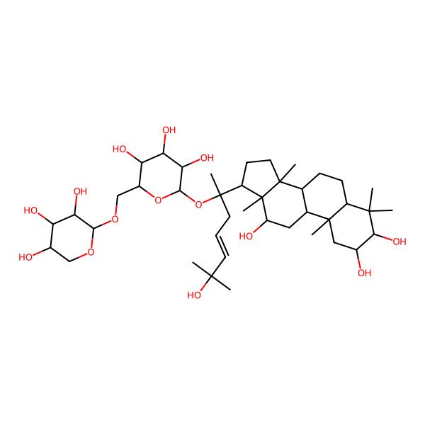 2D Structure of (2S,3R,4S,5S,6R)-2-[(E,2S)-6-hydroxy-6-methyl-2-[(2R,3R,5R,8R,9S,10R,12R,13R,14S,17S)-2,3,12-trihydroxy-4,4,10,13,14-pentamethyl-2,3,5,6,7,8,9,11,12,15,16,17-dodecahydro-1H-cyclopenta[a]phenanthren-17-yl]hept-4-en-2-yl]oxy-6-[[(2S,3R,4S,5R)-3,4,5-trihydroxyoxan-2-yl]oxymethyl]oxane-3,4,5-triol
