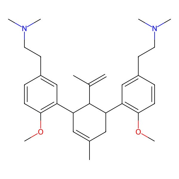 2D Structure of 2-[3-[(1S,5R,6S)-5-[5-[2-(dimethylamino)ethyl]-2-methoxyphenyl]-3-methyl-6-prop-1-en-2-ylcyclohex-3-en-1-yl]-4-methoxyphenyl]-N,N-dimethylethanamine