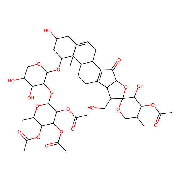 2D Structure of [14-[4,5-Dihydroxy-3-(3,4,5-triacetyloxy-6-methyloxan-2-yl)oxyoxan-2-yl]oxy-3',16-dihydroxy-7-(hydroxymethyl)-5',13-dimethyl-3-oxospiro[5-oxapentacyclo[10.8.0.02,9.04,8.013,18]icosa-2(9),18-diene-6,2'-oxane]-4'-yl] acetate