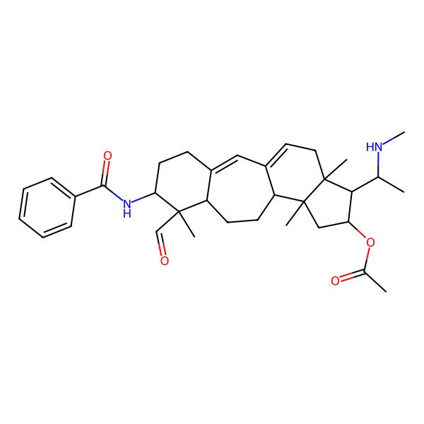 2D Structure of [6-Benzamido-7-formyl-7,12,16-trimethyl-15-[1-(methylamino)ethyl]-14-tetracyclo[9.7.0.03,8.012,16]octadeca-1(18),2-dienyl] acetate