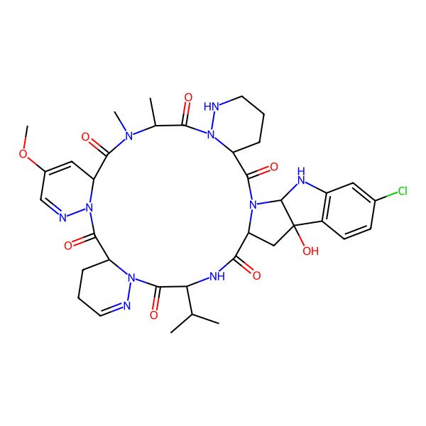 2D Structure of (3R,10S,20R,27R)-36-chloro-32-hydroxy-15-methoxy-10,11-dimethyl-27-propan-2-yl-1,7,8,11,17,18,24,25,28,39-decazaheptacyclo[28.10.0.03,8.013,18.020,25.032,40.033,38]tetraconta-14,16,23,33(38),34,36-hexaene-2,9,12,19,26,29-hexone