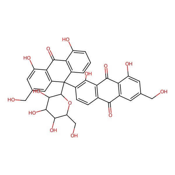 2D Structure of 2-[(9S)-4,5-dihydroxy-2-(hydroxymethyl)-10-oxo-9-[(2R,3S,4S,5R,6S)-3,4,5-trihydroxy-6-(hydroxymethyl)oxan-2-yl]anthracen-9-yl]-1,8-dihydroxy-6-(hydroxymethyl)anthracene-9,10-dione
