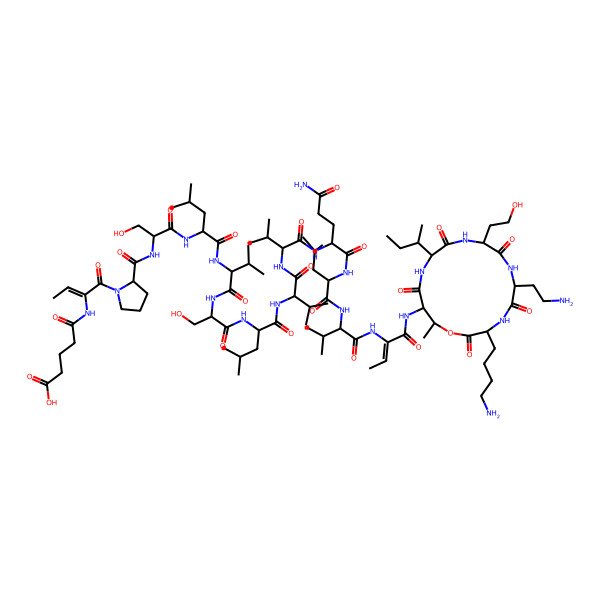 2D Structure of 5-[[(Z)-1-[(2S)-2-[[(2R)-1-[[(2R)-1-[[(2R)-1-[[(2S)-1-[[(2R)-1-[[(2S)-1-[[(2R)-1-[[(2S)-5-amino-1-[[(2R)-1-[[(2R)-1-[[(Z)-1-[[(3R,6R,9R,12S,15S,16R)-3-(4-aminobutyl)-6-(2-aminoethyl)-12-[(2S)-butan-2-yl]-9-(2-hydroxyethyl)-16-methyl-2,5,8,11,14-pentaoxo-1-oxa-4,7,10,13-tetrazacyclohexadec-15-yl]amino]-1-oxobut-2-en-2-yl]amino]-3-methyl-1-oxobutan-2-yl]amino]-4-methyl-1-oxopentan-2-yl]amino]-1,5-dioxopentan-2-yl]amino]-3-methyl-1-oxobutan-2-yl]amino]-3-methyl-1-oxobutan-2-yl]amino]-4-methyl-1-oxopentan-2-yl]amino]-3-hydroxy-1-oxopropan-2-yl]amino]-3-methyl-1-oxobutan-2-yl]amino]-4-methyl-1-oxopentan-2-yl]amino]-3-hydroxy-1-oxopropan-2-yl]carbamoyl]pyrrolidin-1-yl]-1-oxobut-2-en-2-yl]amino]-5-oxopentanoic acid
