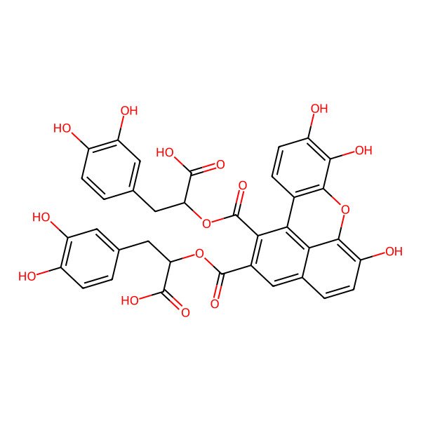 2D Structure of (2R)-2-[16-[(1R)-1-carboxy-2-(3,4-dihydroxyphenyl)ethoxy]carbonyl-5,6,10-trihydroxy-8-oxatetracyclo[7.7.1.02,7.013,17]heptadeca-1(17),2(7),3,5,9,11,13,15-octaene-15-carbonyl]oxy-3-(3,4-dihydroxyphenyl)propanoic acid