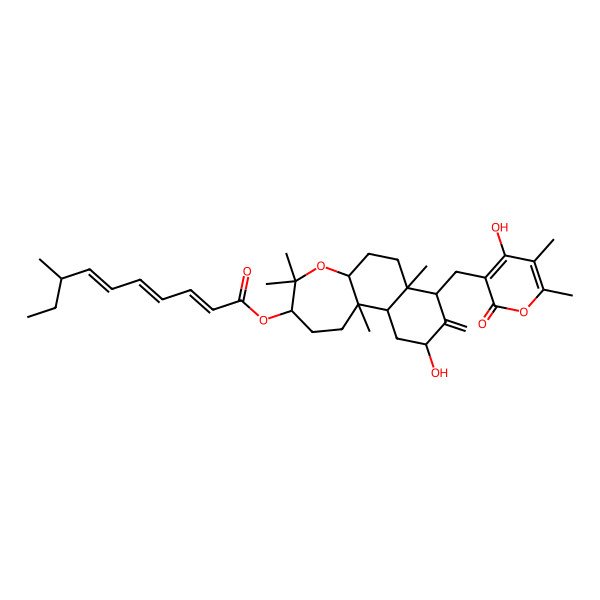 2D Structure of [10-Hydroxy-8-[(4-hydroxy-5,6-dimethyl-2-oxopyran-3-yl)methyl]-4,4,7a,11b-tetramethyl-9-methylidene-1,2,3,5a,6,7,8,10,11,11a-decahydronaphtho[2,1-b]oxepin-3-yl] 8-methyldeca-2,4,6-trienoate