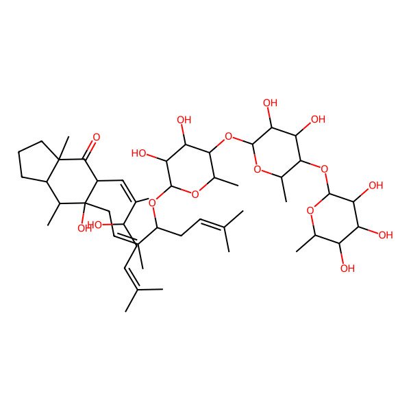 2D Structure of (3aS,5R,6R,7R,7aS)-6-[(2E,4S)-4-[(2R,3R,4R,5R,6R)-5-[(2S,3R,4S,5R,6S)-3,4-dihydroxy-6-methyl-5-[(2S,3R,4R,5R,6S)-3,4,5-trihydroxy-6-methyloxan-2-yl]oxyoxan-2-yl]oxy-3,4-dihydroxy-6-methyloxan-2-yl]oxy-3,7-dimethylocta-2,6-dienyl]-6-hydroxy-5-[(1E,3R)-3-hydroxy-2,6-dimethylhepta-1,5-dienyl]-3a,7-dimethyl-1,2,3,5,7,7a-hexahydroinden-4-one