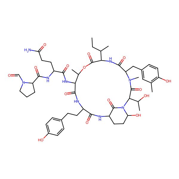 2D Structure of (2S)-N-[(2S,5S,8S,11R,12S,15S,18S,21R)-8-[(2S)-butan-2-yl]-21-hydroxy-2-[(1R)-1-hydroxyethyl]-5-[(4-hydroxy-3-methylphenyl)methyl]-15-[2-(4-hydroxyphenyl)ethyl]-4,11-dimethyl-3,6,9,13,16,22-hexaoxo-10-oxa-1,4,7,14,17-pentazabicyclo[16.3.1]docosan-12-yl]-2-[[(2S)-1-formylpyrrolidine-2-carbonyl]amino]pentanediamide