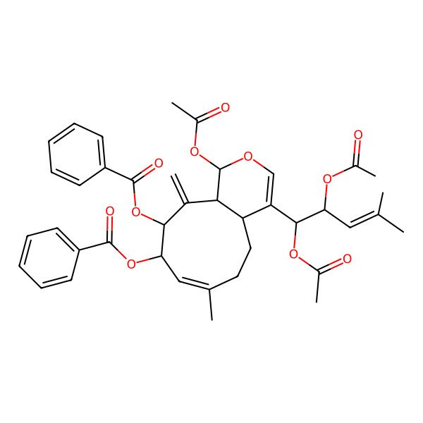 2D Structure of [(1S,4aS,7E,9R,10S,11aR)-1-acetyloxy-10-benzoyloxy-4-[(1S,2R)-1,2-diacetyloxy-4-methylpent-3-enyl]-7-methyl-11-methylidene-4a,5,6,9,10,11a-hexahydro-1H-cyclonona[c]pyran-9-yl] benzoate