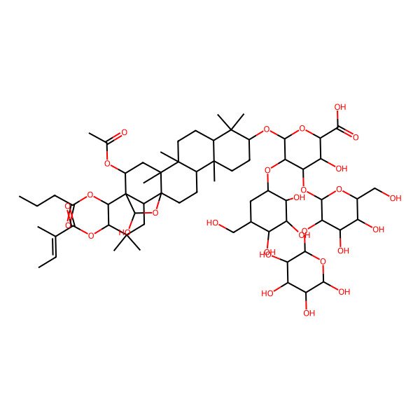 2D Structure of (2S,3S,4S,5R,6R)-6-[[(1R,2R,4S,5R,8R,10S,13R,14R,17S,18R,21R,22R,23S)-2-acetyloxy-22-butanoyloxy-23-hydroxy-4,5,9,9,13,20,20-heptamethyl-21-[(E)-2-methylbut-2-enoyl]oxy-24-oxahexacyclo[15.5.2.01,18.04,17.05,14.08,13]tetracosan-10-yl]oxy]-4-[(2S,3R,4S,5R,6R)-4,5-dihydroxy-6-(hydroxymethyl)-3-[(2R,3R,4R,5R,6R)-3,4,5,6-tetrahydroxyoxan-2-yl]oxyoxan-2-yl]oxy-3-hydroxy-5-[(1R,2R,3S,4S,5R)-2,3,4-trihydroxy-5-(hydroxymethyl)cyclohexyl]oxyoxane-2-carboxylic acid