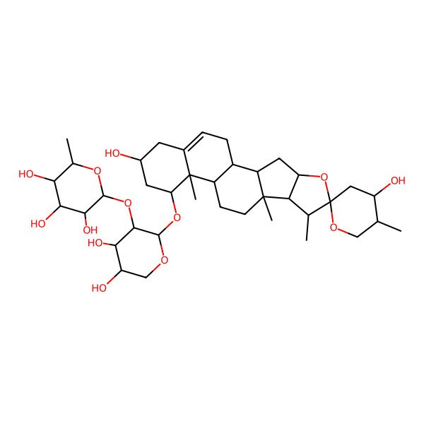 2D Structure of (2S,3R,4R,5R,6S)-2-[(2S,3R,4S,5R)-2-[(1S,2S,4S,4'S,5'S,6R,7S,8R,9S,12S,13R,14R,16R)-4',16-dihydroxy-5',7,9,13-tetramethylspiro[5-oxapentacyclo[10.8.0.02,9.04,8.013,18]icos-18-ene-6,2'-oxane]-14-yl]oxy-4,5-dihydroxyoxan-3-yl]oxy-6-methyloxane-3,4,5-triol