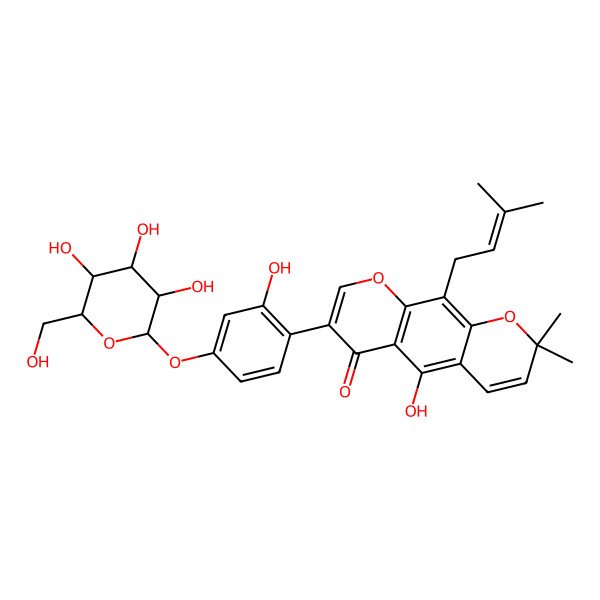 2D Structure of 5-hydroxy-7-[2-hydroxy-4-[(2S,3S,4S,5S,6R)-3,4,5-trihydroxy-6-(hydroxymethyl)oxan-2-yl]oxyphenyl]-2,2-dimethyl-10-(3-methylbut-2-enyl)pyrano[3,2-g]chromen-6-one