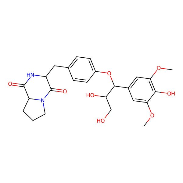 2D Structure of (3S,8aR)-3-[[4-[(1S,2R)-2,3-dihydroxy-1-(4-hydroxy-3,5-dimethoxyphenyl)propoxy]phenyl]methyl]-2,3,6,7,8,8a-hexahydropyrrolo[1,2-a]pyrazine-1,4-dione