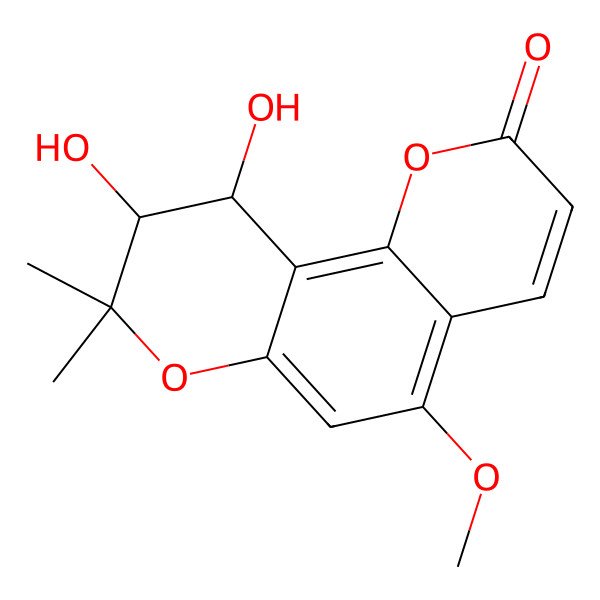 2D Structure of 2H,8H-Benzo[1,2-b:3,4-b']dipyran-2-one, 9,10-dihydro-9,10-dihydroxy-5-methoxy-8,8-dimethyl-, (9R,10S)-rel-