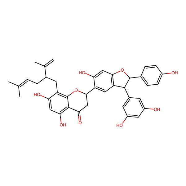 2D Structure of (2S)-2-[(2R,3R)-3-(3,5-dihydroxyphenyl)-6-hydroxy-2-(4-hydroxyphenyl)-2,3-dihydro-1-benzofuran-5-yl]-5,7-dihydroxy-8-[(2R)-5-methyl-2-prop-1-en-2-ylhex-4-enyl]-2,3-dihydrochromen-4-one