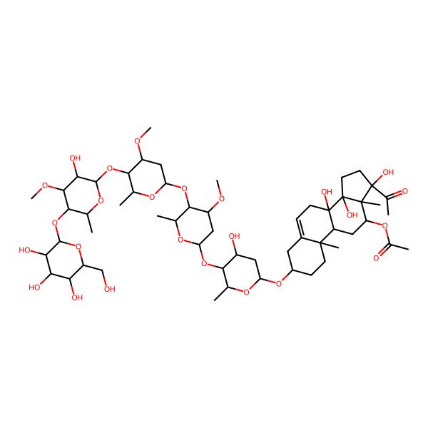 2D Structure of [(3S,8S,9R,10R,12R,13S,14R,17S)-17-acetyl-8,14,17-trihydroxy-3-[(2R,4S,5S,6R)-4-hydroxy-5-[(2S,4S,5R,6R)-5-[(2S,4R,5R,6R)-5-[(2S,3R,4R,5R,6R)-3-hydroxy-4-methoxy-6-methyl-5-[(2S,3R,4S,5S,6R)-3,4,5-trihydroxy-6-(hydroxymethyl)oxan-2-yl]oxyoxan-2-yl]oxy-4-methoxy-6-methyloxan-2-yl]oxy-4-methoxy-6-methyloxan-2-yl]oxy-6-methyloxan-2-yl]oxy-10,13-dimethyl-1,2,3,4,7,9,11,12,15,16-decahydrocyclopenta[a]phenanthren-12-yl] acetate