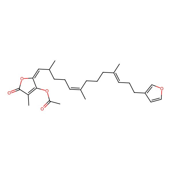 2D Structure of [(2Z)-2-[(2R,5E,10E)-13-(furan-3-yl)-2,6,10-trimethyltrideca-5,10-dienylidene]-4-methyl-5-oxofuran-3-yl] acetate