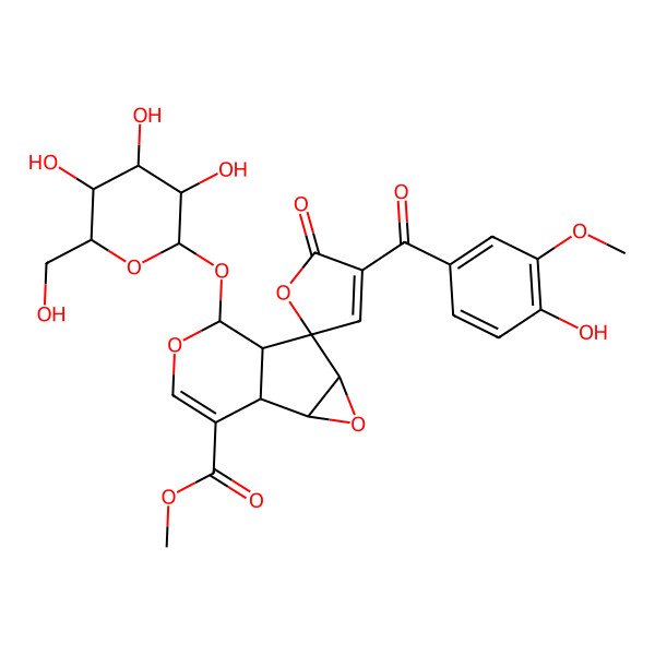 2D Structure of methyl (1S,2S,4S,5S,6S,7S)-4'-(4-hydroxy-3-methoxybenzoyl)-5'-oxo-7-[(2S,3R,4S,5R,6R)-3,4,5-trihydroxy-6-(hydroxymethyl)oxan-2-yl]oxyspiro[3,8-dioxatricyclo[4.4.0.02,4]dec-9-ene-5,2'-furan]-10-carboxylate