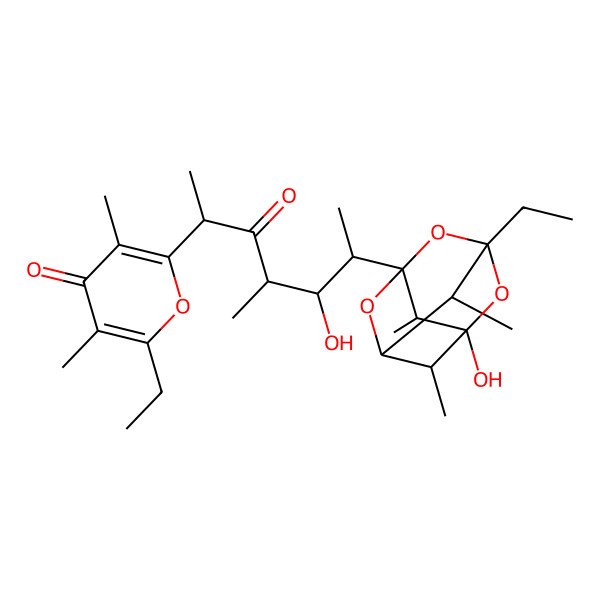 2D Structure of 2-ethyl-6-[(2R,4R,5S,6S)-6-[(1R,3R,5R,7R,8S,9S,10R)-5-ethyl-7-hydroxy-8,9,10-trimethyl-2,4,6-trioxatricyclo[3.3.1.13,7]decan-3-yl]-5-hydroxy-4-methyl-3-oxoheptan-2-yl]-3,5-dimethylpyran-4-one