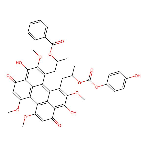 2D Structure of 1-[3,10-Dihydroxy-12-(2-{[(4-hydroxyphenoxy)carbonyl]oxy}propyl)-2,6,7,11-tetramethoxy-4,9-dioxo-4,9-dihydroperylen-1-yl]propan-2-yl benzoate