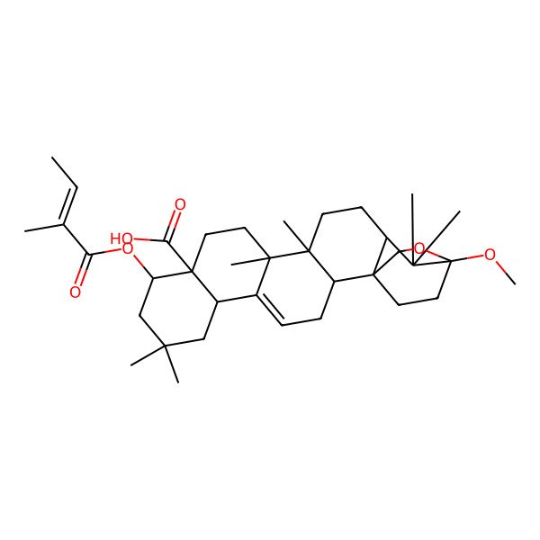 2D Structure of (1S,2S,6S,10R,11S,14S,15R,18R,20S)-20-methoxy-8,8,14,15,19,19-hexamethyl-10-[(Z)-2-methylbut-2-enoyl]oxy-21-oxahexacyclo[18.2.2.01,18.02,15.05,14.06,11]tetracos-4-ene-11-carboxylic acid