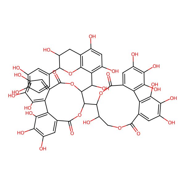 2D Structure of D-Glucitol, 1-C-((2R,3R)-2-(3,4-dihydroxyphenyl)-3,4-dihydro-3,5,7-trihydroxy-2H-1-benzopyran-8-yl)-, cyclic 2,3:4,6-bis((1S)-4,4',5,5',6,6'-hexahydroxy(1,1'-biphenyl)-2,2'-dicarboxylate), (1S)-