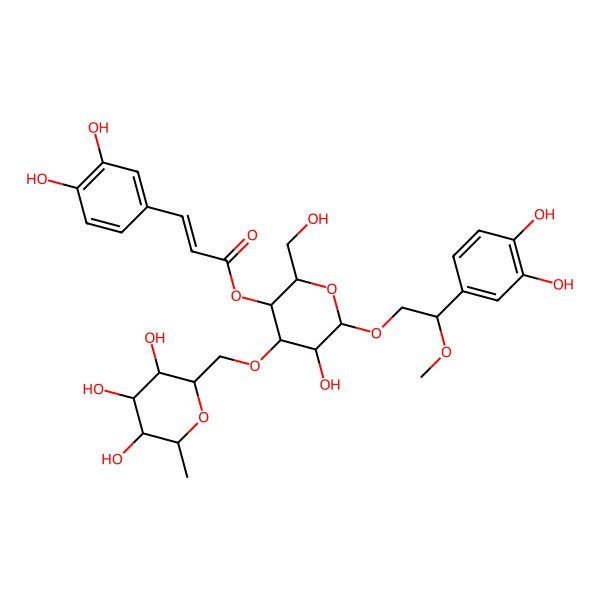2D Structure of [(2R,3R,4R,5R,6R)-6-[2-(3,4-dihydroxyphenyl)-2-methoxyethoxy]-5-hydroxy-2-(hydroxymethyl)-4-[[(2S,3R,4R,5R,6S)-3,4,5-trihydroxy-6-methyloxan-2-yl]methoxy]oxan-3-yl] (E)-3-(3,4-dihydroxyphenyl)prop-2-enoate