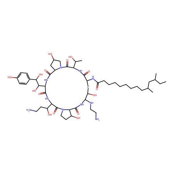 2D Structure of N-[(3S,6S,9S,11R,15S,18S,20R,21S,24S,25S)-21-(2-aminoethylamino)-3-[(1R)-3-amino-1-hydroxypropyl]-6-[(1S,2S)-1,2-dihydroxy-2-(4-hydroxyphenyl)ethyl]-11,20,25-trihydroxy-15-[(1R)-1-hydroxyethyl]-2,5,8,14,17,23-hexaoxo-1,4,7,13,16,22-hexazatricyclo[22.3.0.09,13]heptacosan-18-yl]-10,12-dimethyltetradecanamide
