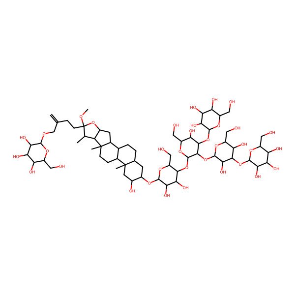 2D Structure of (2alpha,3beta,5alpha)-26-(beta-D-Glucopyranosyloxy)-2-hydroxy-22-methoxyfurost-25(27)-en-3-yl O-beta-D-glucopyranosyl-(1->3)-O-beta-D-glucopyranosyl-(1->2)-O-(beta-D-glucopyranosyl-(1->3))-O-beta-D-glucopyranosyl-(1->4)-beta-D-galactopyranoside 2D Structure of (2alpha,3beta,5alpha)-26-(beta-D-Glucopyranosyloxy)-2-hydroxy-22-methoxyfurost-25(27)-en-3-yl O-beta-D-glucopyranosyl-(1->3)-O-beta-D-glucopyranosyl-(1->2)-O-(beta-D-glucopyranosyl-(1->3))-O-beta-D-glucopyranosyl-(1->4)-beta-D-galactopyranoside