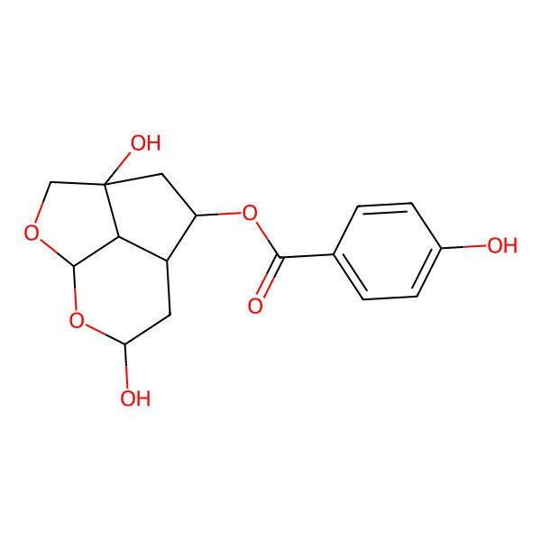 2D Structure of (2aS,4R,4aR,6S,7aS,7bS)-Octahydro-2a,6-dihydroxy-2H-1,7-dioxacyclopent(cd)inden-4-yl 4-hydroxybenzoate