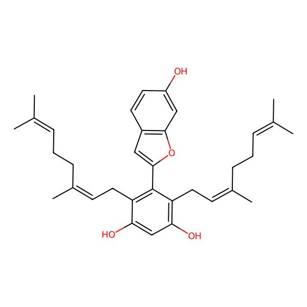 2D Structure of 4,6-bis[(2E)-3,7-dimethylocta-2,6-dienyl]-5-(6-hydroxy-1-benzofuran-2-yl)benzene-1,3-diol