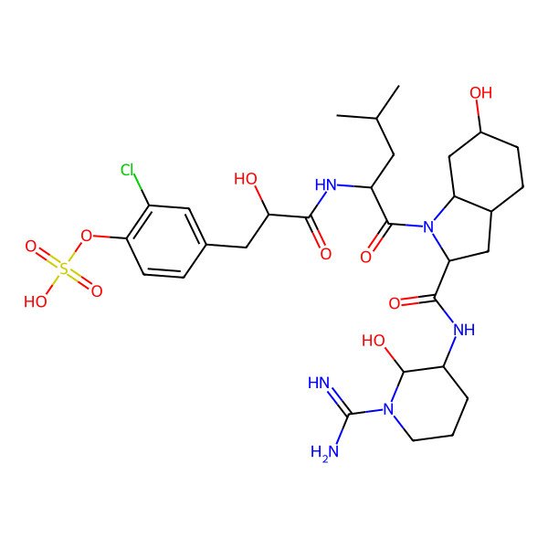 2D Structure of [4-[(2R)-3-[[(2R)-1-[(2S,3aS,6R,7aS)-2-[[(2S,3S)-1-carbamimidoyl-2-hydroxypiperidin-3-yl]carbamoyl]-6-hydroxy-2,3,3a,4,5,6,7,7a-octahydroindol-1-yl]-4-methyl-1-oxopentan-2-yl]amino]-2-hydroxy-3-oxopropyl]-2-chlorophenyl] hydrogen sulfate