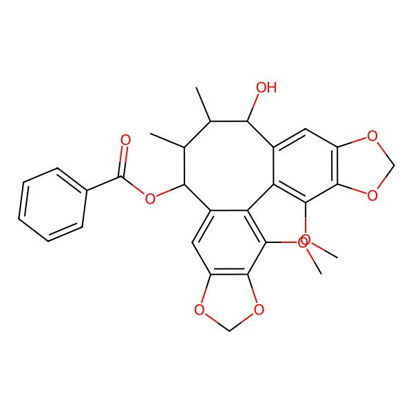 2D Structure of [(11R,12S,13R,14S)-14-hydroxy-3,22-dimethoxy-12,13-dimethyl-5,7,18,20-tetraoxapentacyclo[13.7.0.02,10.04,8.017,21]docosa-1(22),2,4(8),9,15,17(21)-hexaen-11-yl] benzoate