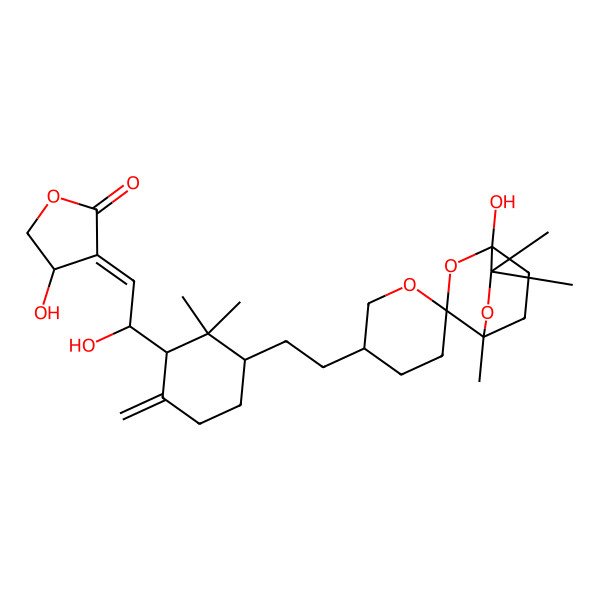 2D Structure of 4-Hydroxy-3-[2-hydroxy-2-[3-[2-(1-hydroxy-4,6,6-trimethylspiro[2,5-dioxabicyclo[2.2.2]octane-3,6'-oxane]-3'-yl)ethyl]-2,2-dimethyl-6-methylidenecyclohexyl]ethylidene]oxolan-2-one