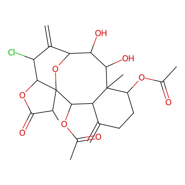 2D Structure of [(1R,2S,3S,7S,8S,9R,10S,11R,13S,14R,17R)-2-acetyloxy-13-chloro-9,10-dihydroxy-8,17-dimethyl-4,12-dimethylidene-16-oxo-15,18-dioxatetracyclo[9.6.1.01,14.03,8]octadecan-7-yl] acetate