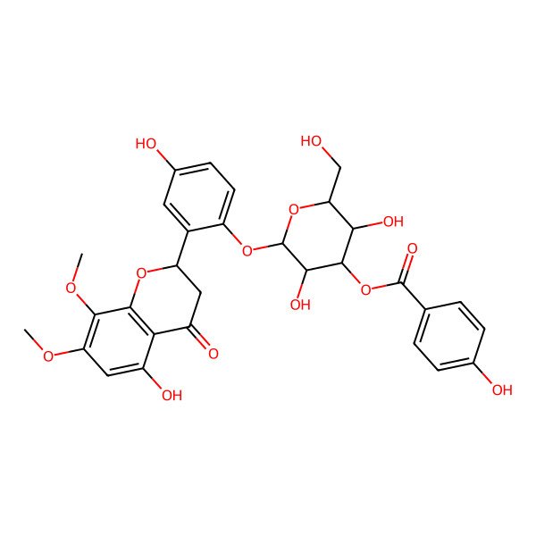 2D Structure of [(2S,3R,4S,5R,6R)-3,5-dihydroxy-2-[4-hydroxy-2-[(2S)-5-hydroxy-7,8-dimethoxy-4-oxo-2,3-dihydrochromen-2-yl]phenoxy]-6-(hydroxymethyl)oxan-4-yl] 4-hydroxybenzoate