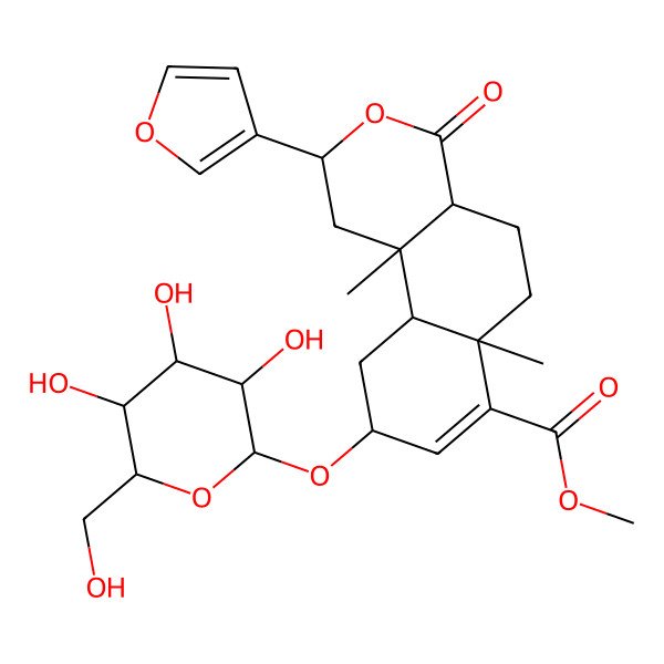 2D Structure of methyl (2S,4aS,6aR,9S,10aS,10bS)-2-(furan-3-yl)-6a,10b-dimethyl-4-oxo-9-[(2R,3R,4S,5S,6R)-3,4,5-trihydroxy-6-(hydroxymethyl)oxan-2-yl]oxy-1,2,4a,5,6,9,10,10a-octahydrobenzo[f]isochromene-7-carboxylate