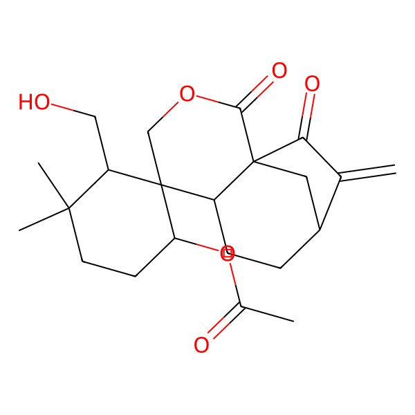 2D Structure of [3'-(Hydroxymethyl)-4',4'-dimethyl-10-methylidene-2,11-dioxospiro[3-oxatricyclo[7.2.1.01,6]dodecane-5,2'-cyclohexane]-1'-yl] acetate