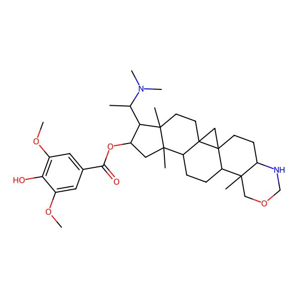 2D Structure of [7-[1-(Dimethylamino)ethyl]-6,10,15-trimethyl-17-oxa-19-azahexacyclo[12.8.0.01,3.03,11.06,10.015,20]docosan-8-yl] 4-hydroxy-3,5-dimethoxybenzoate