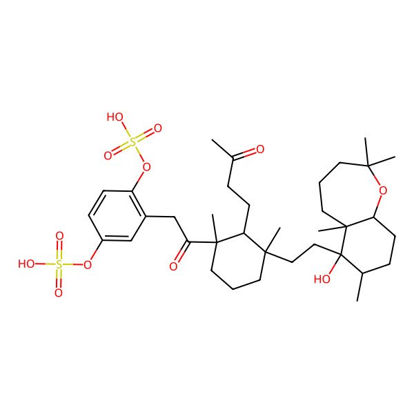 2D Structure of [2-[2-[(1R,2R,3S)-3-[2-[(5aS,6R,7R,9aS)-6-hydroxy-2,2,5a,7-tetramethyl-4,5,7,8,9,9a-hexahydro-3H-benzo[b]oxepin-6-yl]ethyl]-1,3-dimethyl-2-(3-oxobutyl)cyclohexyl]-2-oxoethyl]-4-sulfooxyphenyl] hydrogen sulfate
