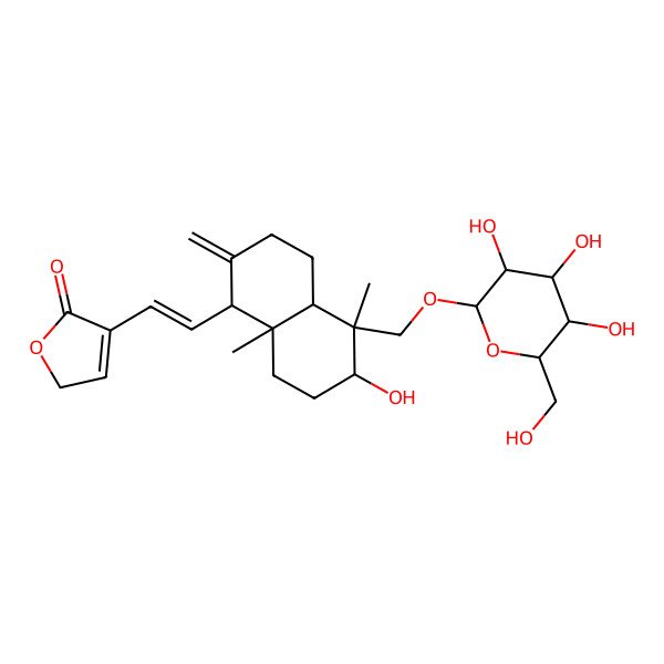 2D Structure of 4-[2-[6-hydroxy-5,8a-dimethyl-2-methylidene-5-[[3,4,5-trihydroxy-6-(hydroxymethyl)oxan-2-yl]oxymethyl]-3,4,4a,6,7,8-hexahydro-1H-naphthalen-1-yl]ethenyl]-2H-furan-5-one